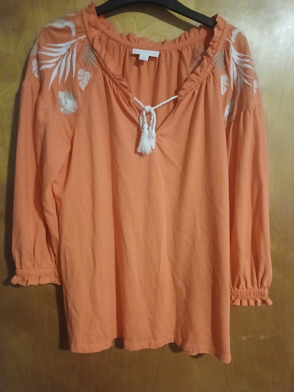 Charter Club Women's Coral Peasant Tunic Top with White Embroidery. Size Small.